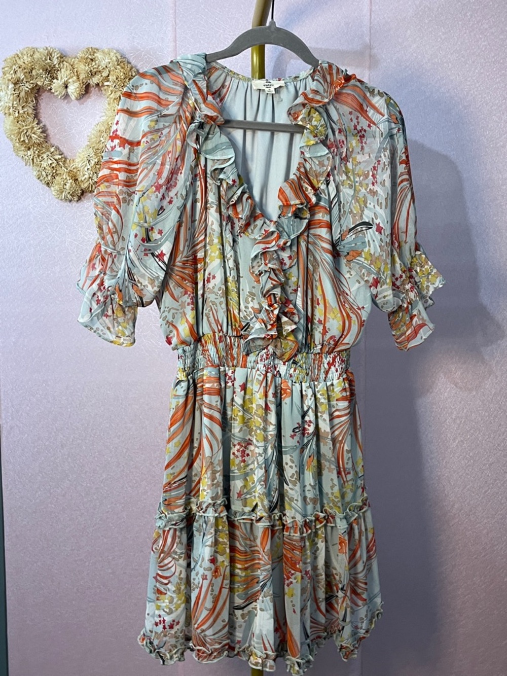 entro Light Blue Floral Ruffle Mini Dress with Orange Accents